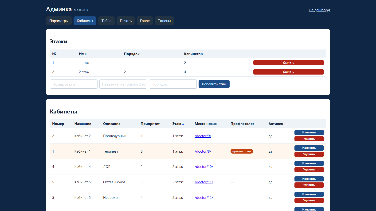 Админка Narnex: параметры, кабинеты, табло, печать и голос